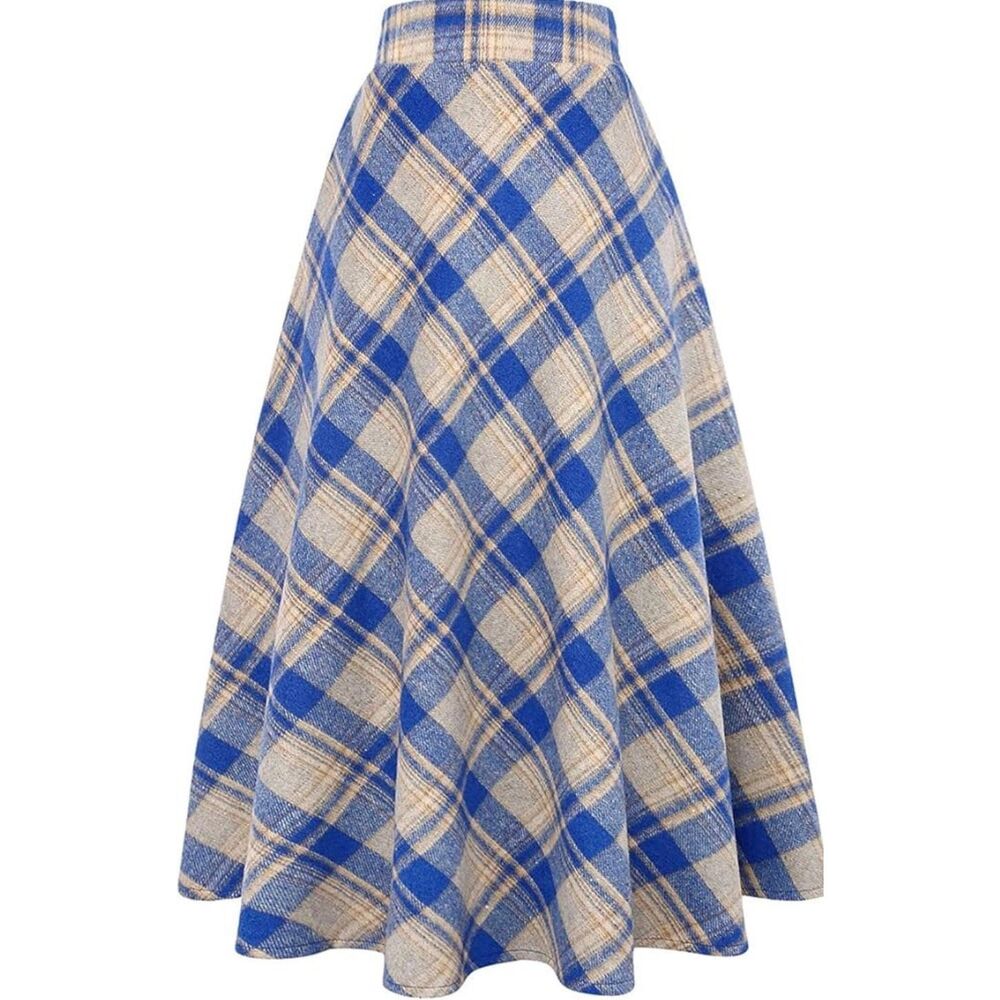 Ylingjun Blue Plaid Wool Blend High Rise Midi Skirt Size L NWT